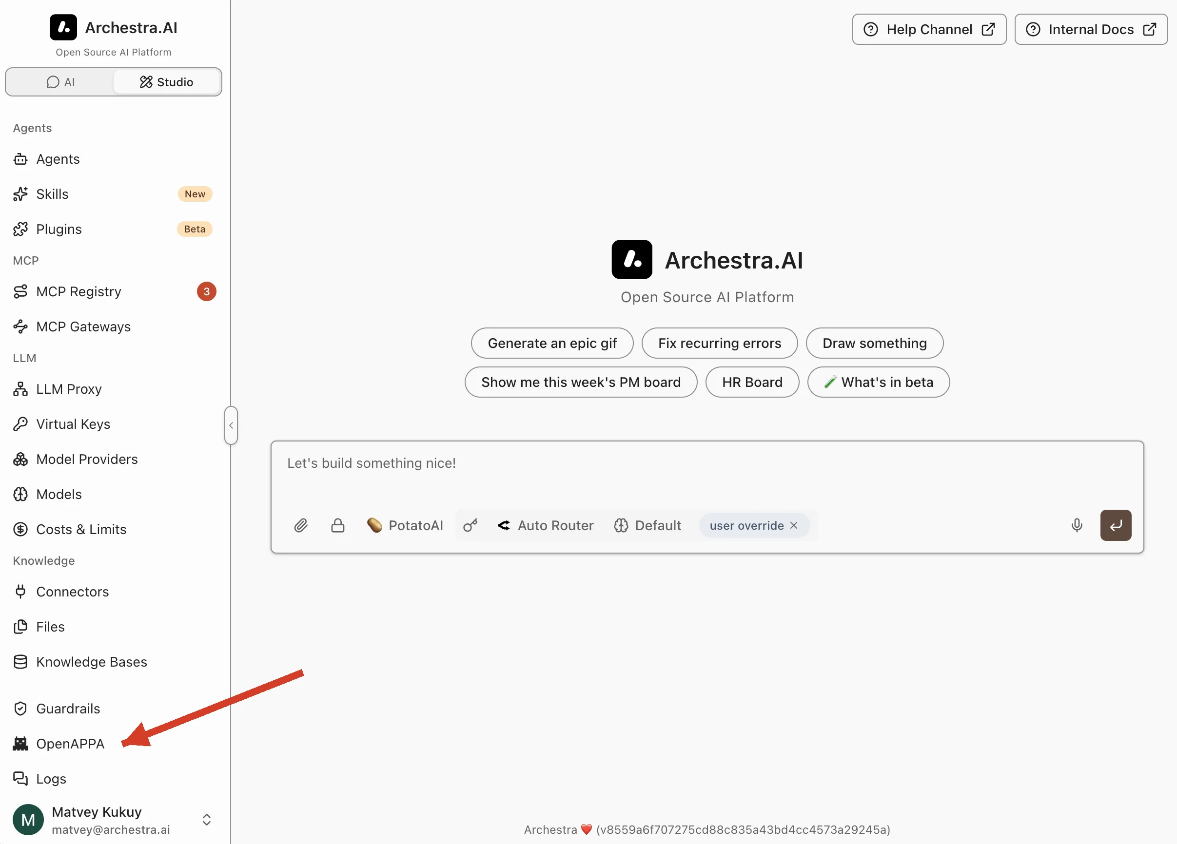 The Archestra sidebar with a red arrow pointing at the OpenAPPA entry