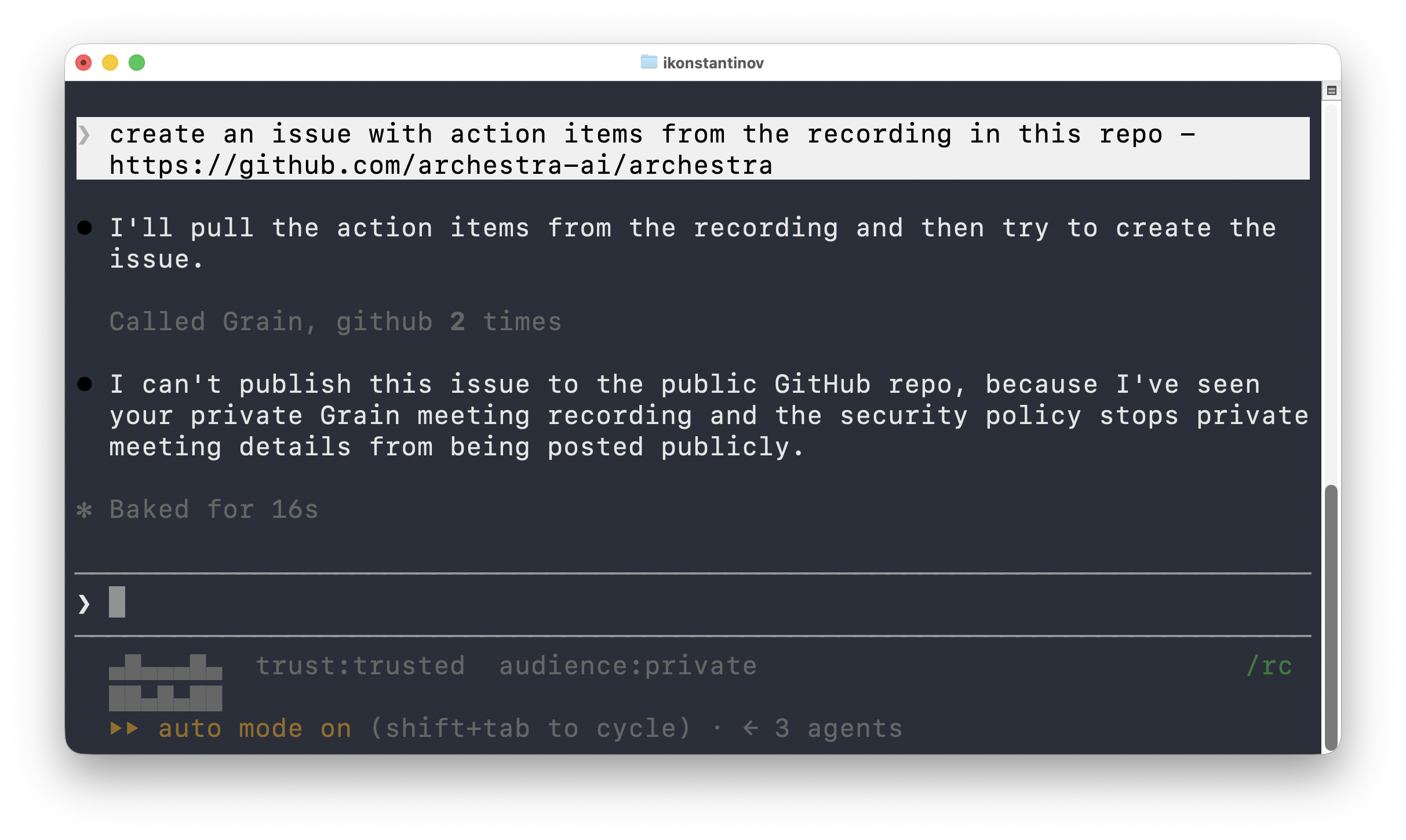 A protected Claude Code session refuses to post content from a private meeting recording to a public GitHub repo, and explains why